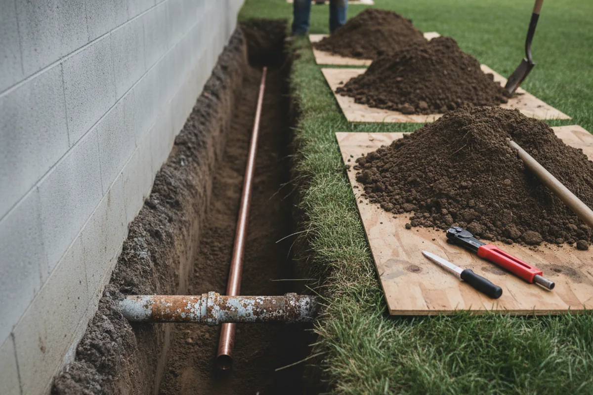 Excavated water line trench during Water Softener Installation in Eagle Pass